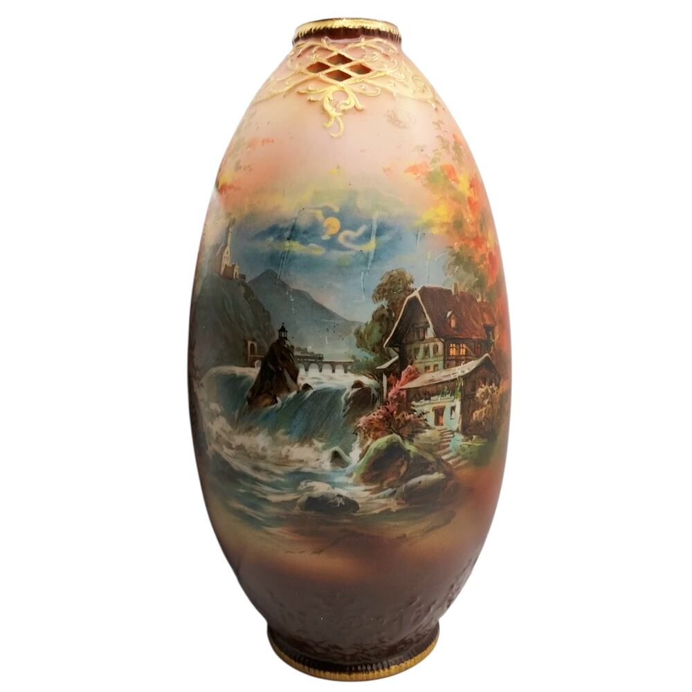 Royal Bayreuth Bavaria Hand Painted Porcelain Landscape Tapestry Vase 10 Inches